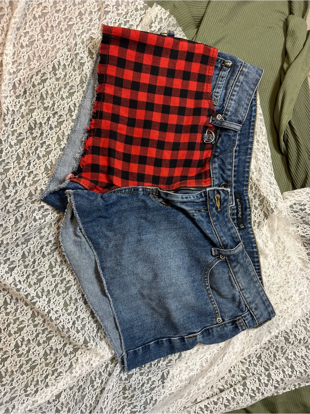 Blackheart Blue Denim Cutoff Shorts with Red Plaid